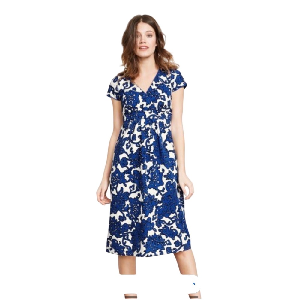 Boden Blue White Floral Jersey Faux Wrap Empire Waist Midi Dress Womens